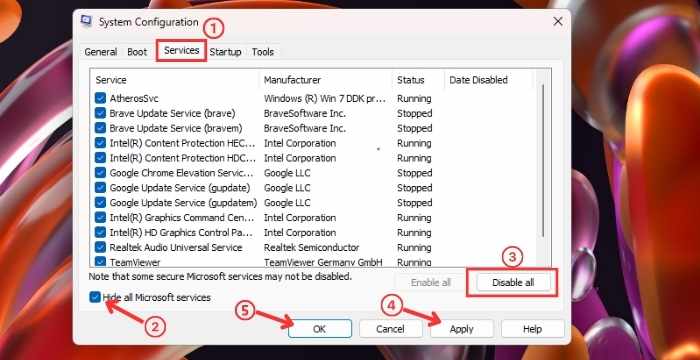 Disable services System configuration tool